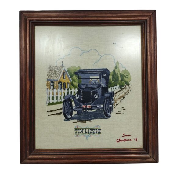 Vintage Crewel Automobile Embroidery Framed Artwork Ford T Tin Lizzie 1978 - Picture 1 of 10